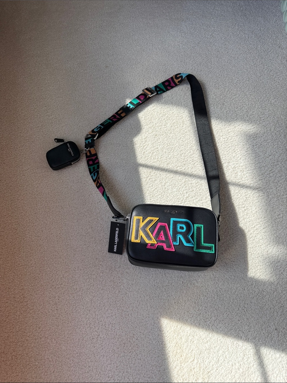 Karl Lagerfeld Black Crossbody Bag with Multicolor KARL Logo and Strap